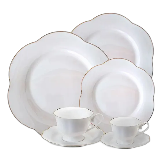 L'hermitage Camellia 42-Piece Dinner and Tea Set with Gold Rim