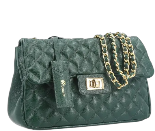 Women's Medium Crossbody Bag in Genuine Leather Quilted Dark Green Color