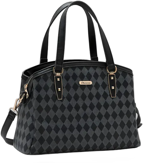 Chenson Premium Crossbody Bag Black Synthetic Leather With Monogram Black Gray Elegant Striped Gold Black
