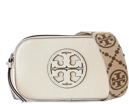 Tory Burch Mini Miller Crossbody Bag For Women, New Ivory Silver-tone Beige With Brown Logo