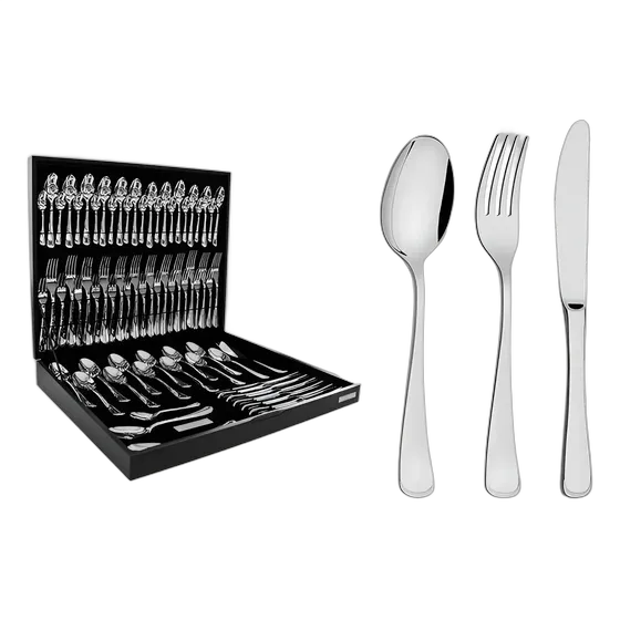 Tramontina Monaco Stainless Steel Cutlery Set with 6mm Forged Table Knives and Wooden Case High Gloss Finish 76 Pieces