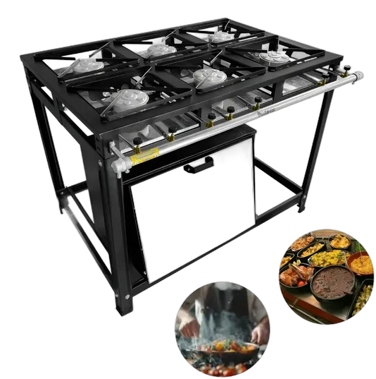 Economy Industrial Stove, 6 Burners, with Oven, 60L, Stainless Steel, Black