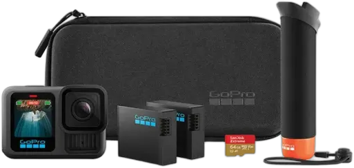 GoPro HERO13 Black Bundle - Kit with Action Camera Waterproof 10m, 5.3K60, HLG HDR, 27MP, HyperSmooth 6.0, GPS, Wi-Fi 6 and Extra Accessories The Handler, Enduro Battery, 64GB Card and a Case