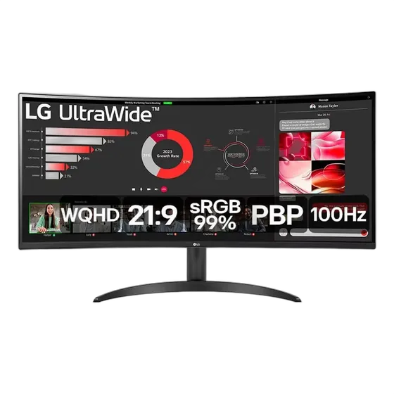 LG UltraWide™ Curved Monitor – 34" VA Panel, WQHD 3440 x 1440, 21:9, sRGB 99%, HDR10, PBP, 100Hz, AMD FreeSync™ - 34WR50QC-B (New, open box)
