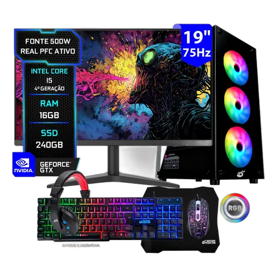Complete Gaming PC Setup Ninja Titan I, Intel Core I5, 16gb RAM, SSD 240gb, Video 2GB, Monitor 19", Peripherals Kit