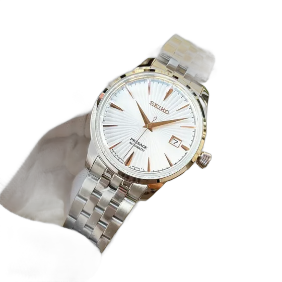 Automatic Seiko Presage Watch, White / Rose Gold, 40mm, Gray / Khaki / White