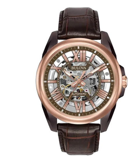 Bulova Automatic Skeleton Watch 42mm 98A165 Men's Brown Rose Gold Metal