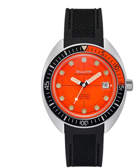 Bulova Devil Diver Oceangrapher Automatic Watch 96B350, Strap Color Silver, Bezel Color Black/Orange, Case Back Color Orange