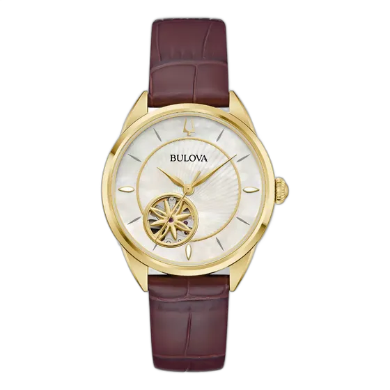 Bulova Women's Classic Sutton Automatic Watch 97L179, Brown Strap, Gold Bezel, Mother-of-Pearl Dial