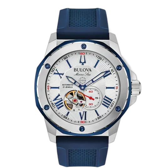 Bulova Men's Automatic Watch Marine Star 98A225, White, Silver, Navy Blue