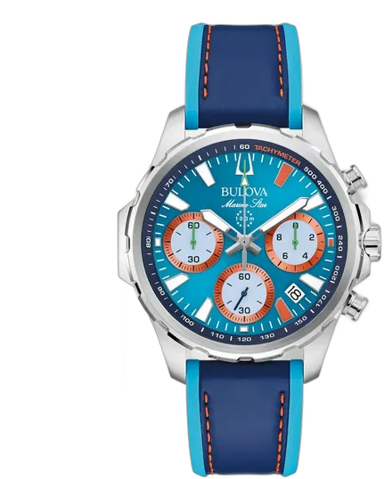 Bulova Men's Marine Star Team Miami E1 Watch 96B460, Sky-Blue Strap, Silver Bezel, Sky-Blue Case Back, Silicone and Leather – Electric Boats