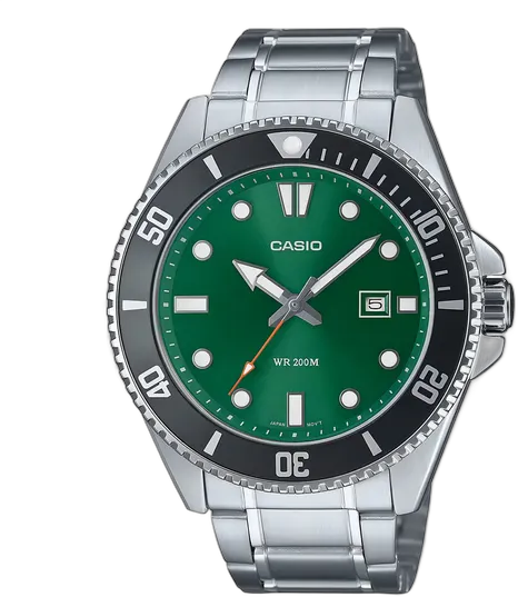 Casio Men's Duro MDV-107D-3A2VDF Watch *200m Silver Strap Black Bezel Green Dial