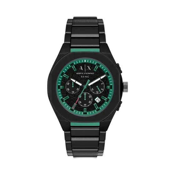 Armani Exchange Men's Watch in Black Stainless Steel with Chronograph and Green Dial