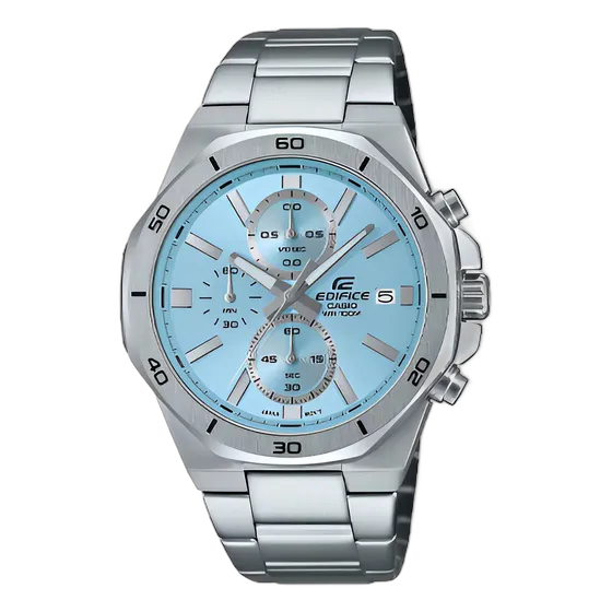 Men's Casio Edifice EFV-640D-2B Watch, chronograph, steel, silver strap, silver bezel, blue dial, steel