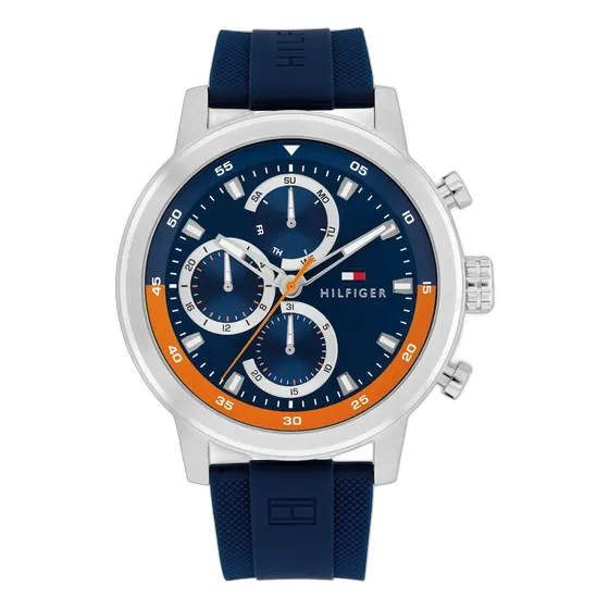 Tommy Hilfiger Rocky 1792177 Men's Watch, Silicone 46mm, Dark Blue Strap, Silver Bezel, Navy Blue Dial