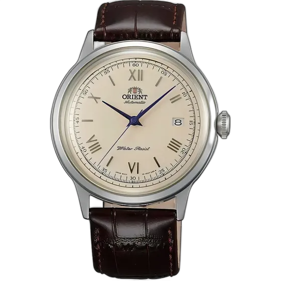 Orient Bambino 2nd Generation Automatic Watch FAC00009N0, Brown Strap, Silver Bezel, Cream Case Back