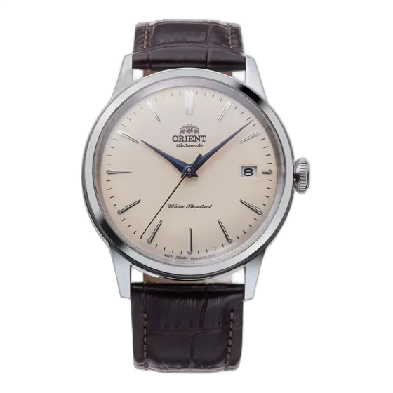 Orient Bambino Automatic Watch RA-AC0M04Y30B, Brown Strap, Silver Bezel, Champagne Case Back