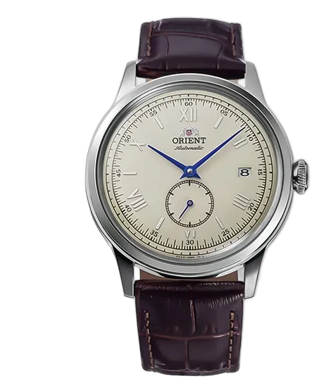 Orient Bambino V2 Small Seconds Automatic Watch RA-AP0105Y30B, Brown Strap, Silver Bezel, Champagne Case Back