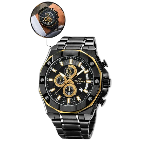 Technos Men's Chronograph Watch Two-Tone Water Resistant Black