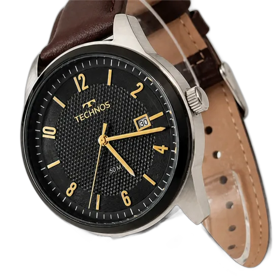 Technos Steel Men's Watch Genuine Leather Silver Black