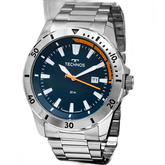 Technos Military Men's Watch Stainless Steel Silver Blue Dial 50m Water Resistant