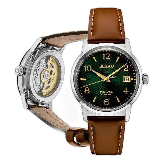 Seiko SRPE45 Automatic Watch for Men - Green Dial with Silver and Light Brown