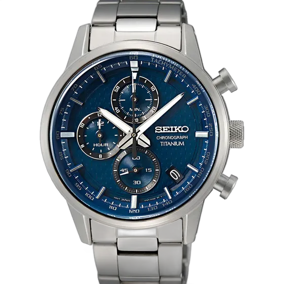 Seiko Titanium Chronograph, Blue, SSB387 SSB387B1, Silver Bezel