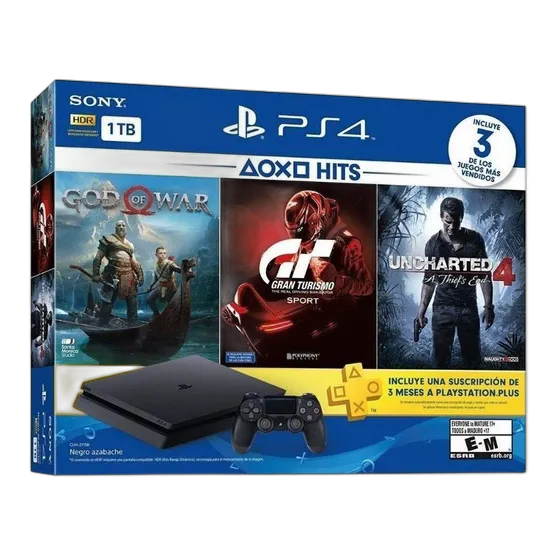 Sony PlayStation 4 Slim 1TB Hits Bundle: God of War/Gran Turismo Sport/Uncharted 4: A Thief's End onyx black color