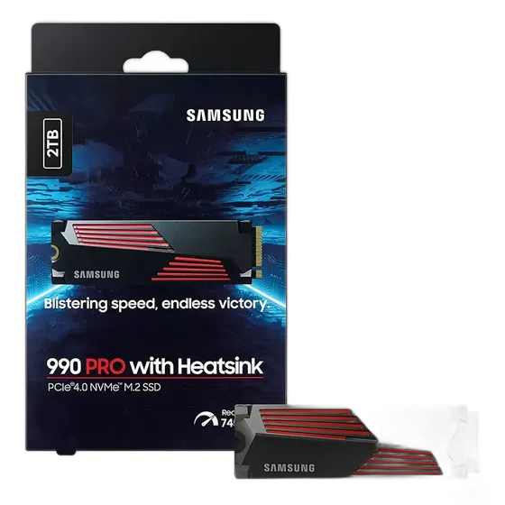 SSD Samsung 990 PRO 2TB Heatsink M.2 2280 NVMe PCIe Gen4, up to 7450MB/s read and 6900MB/s write, compatible with PlayStation 5 - MZ-V9P2T0CW