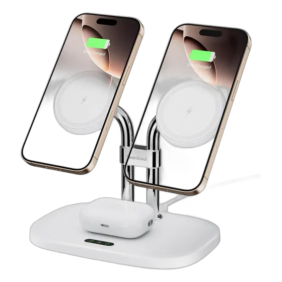 SwanScout 706M - Dual MagSafe Magnetic Wireless Charger for Apple, Compatible with iPhone 17/16/15/14/13/12 Series and AirPods Pro 4/Pro 3/Pro 2/3/2