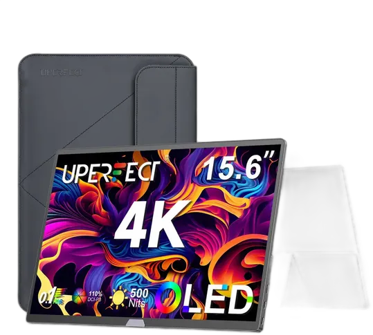 Uperfect 4k Oled Portable Monitor, 15.6 Inches 3456x2160 Uhd 500nits 150%srgb, 0.1ms Response Vesa Gaming PC Screen, Built-in Stand and Dual Speaker, Hdmi Usb-c, for Laptop Win Mac Phone Xbox Ps4/5 + Case