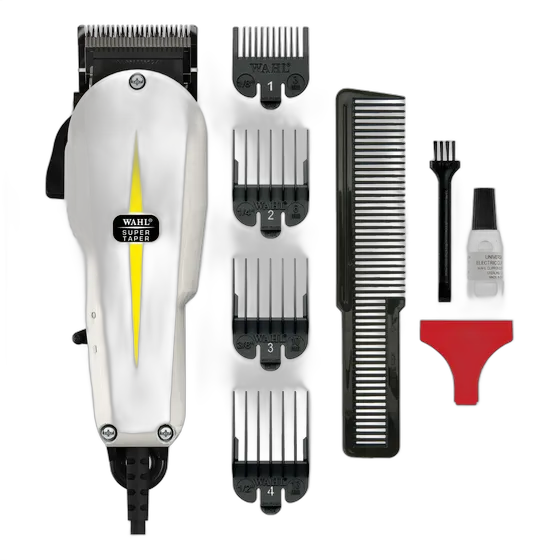 Wahl Super Taper Professional Corded Hair Clipper for Barbers 110v V5000 Motor Chrome Standard Blade 8 Height Combs